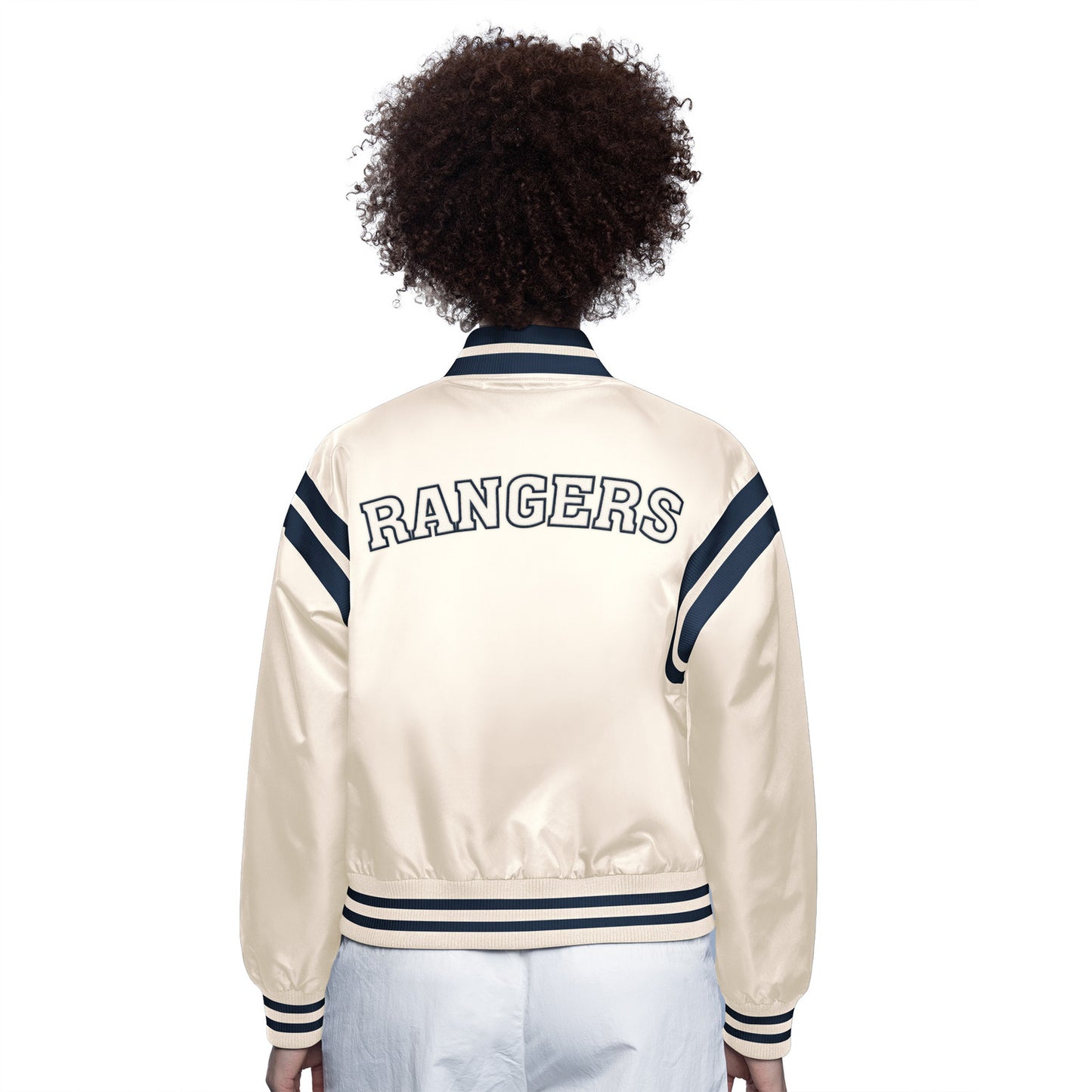 Women's Starter Rangers White Full Count Varsity Jacket - Back View