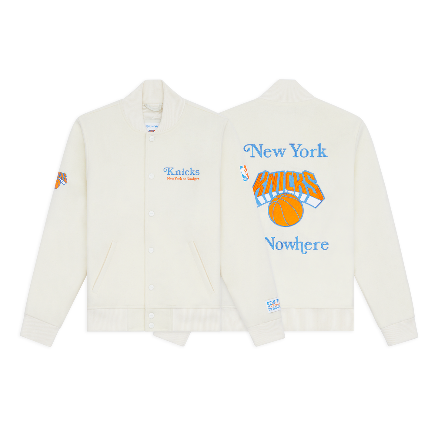 NYON x Knicks Give and Go Cream Varsity Jacket