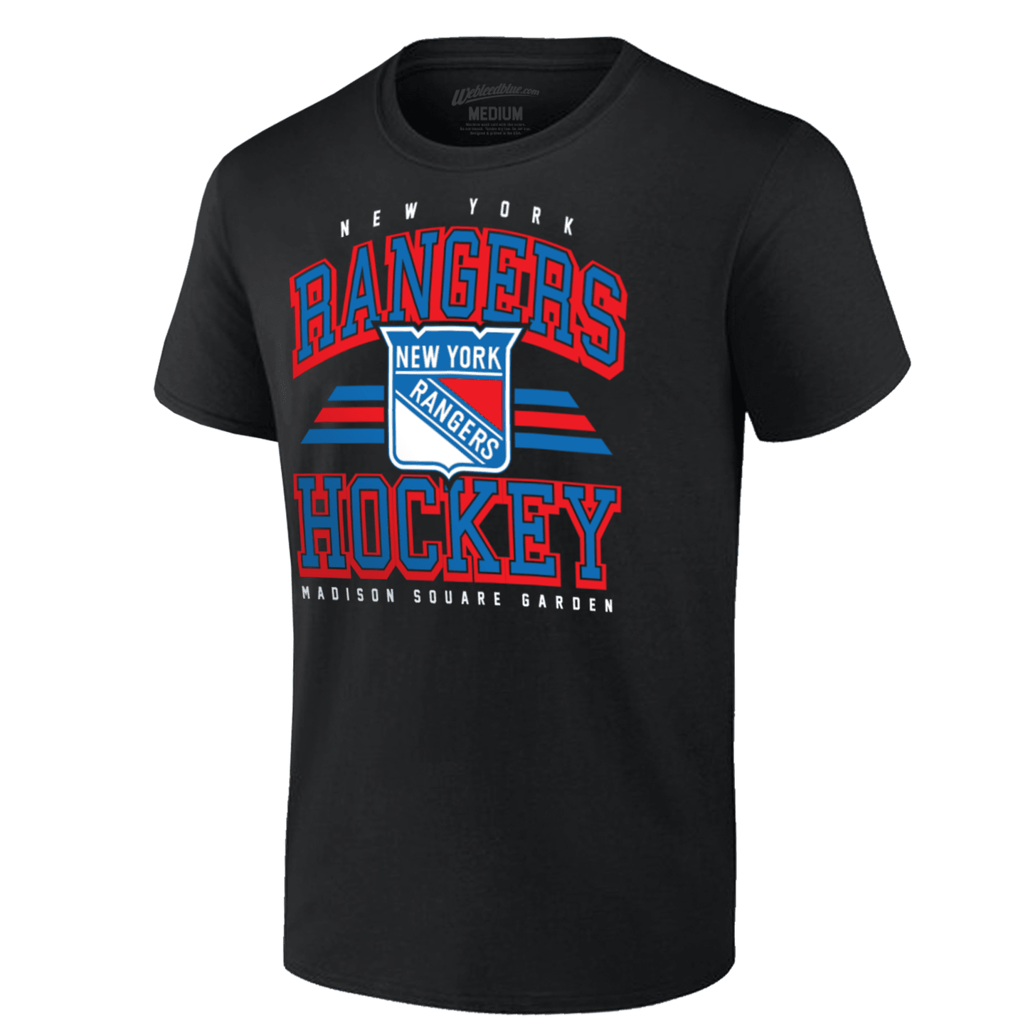 We Bleed Blue Rangers Stripe Logo Black Tee - Front View