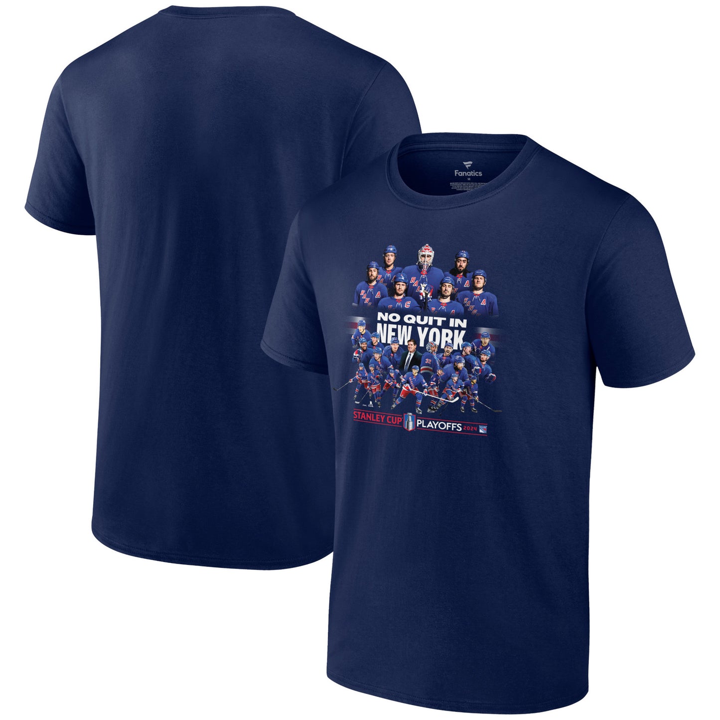 Fanatics Rangers 23-24 Playoff No Quit Team Cluster Tee In Navy - Front & Back View