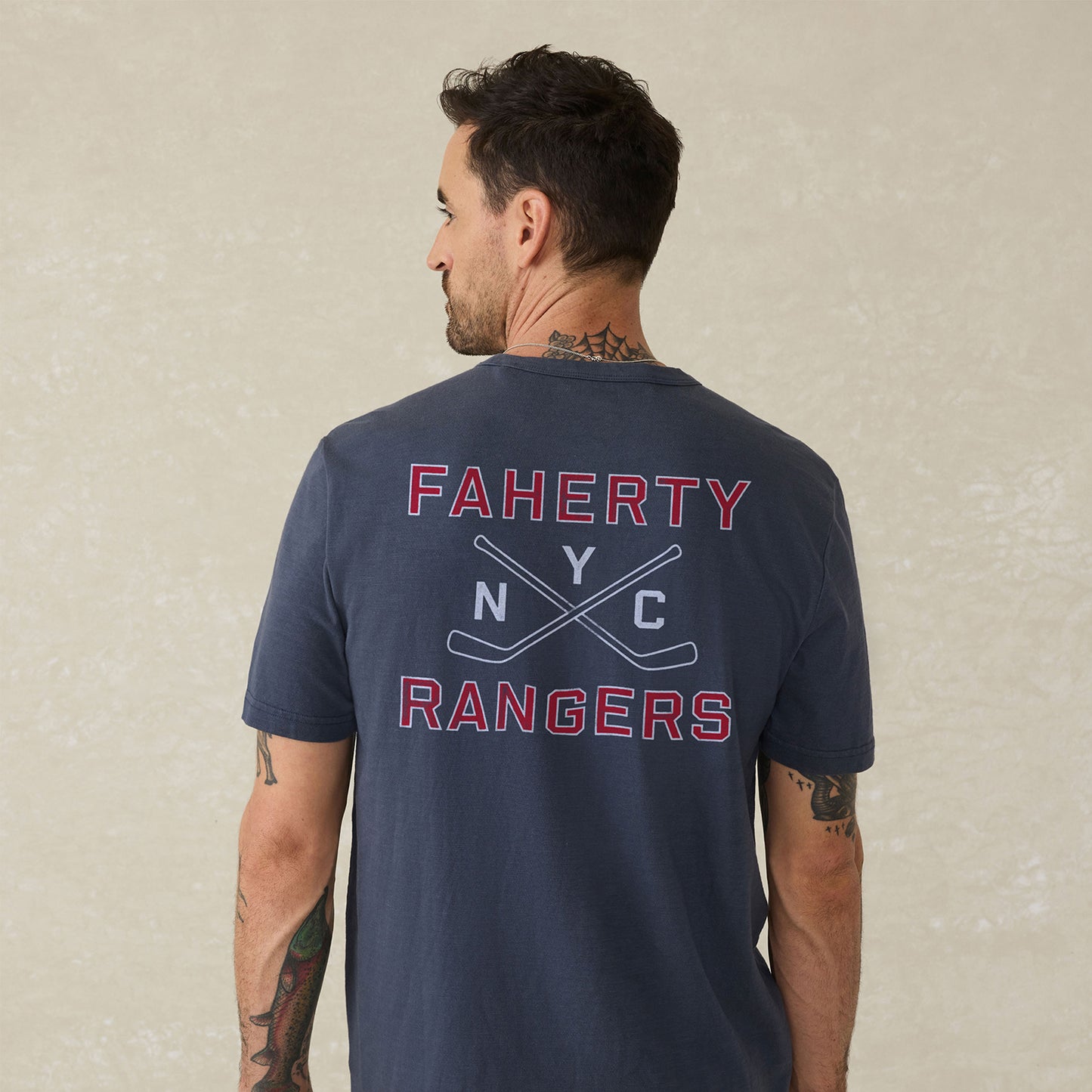 Faherty Rangers Navy NYC Pocket Sunwashed Tee - Back View