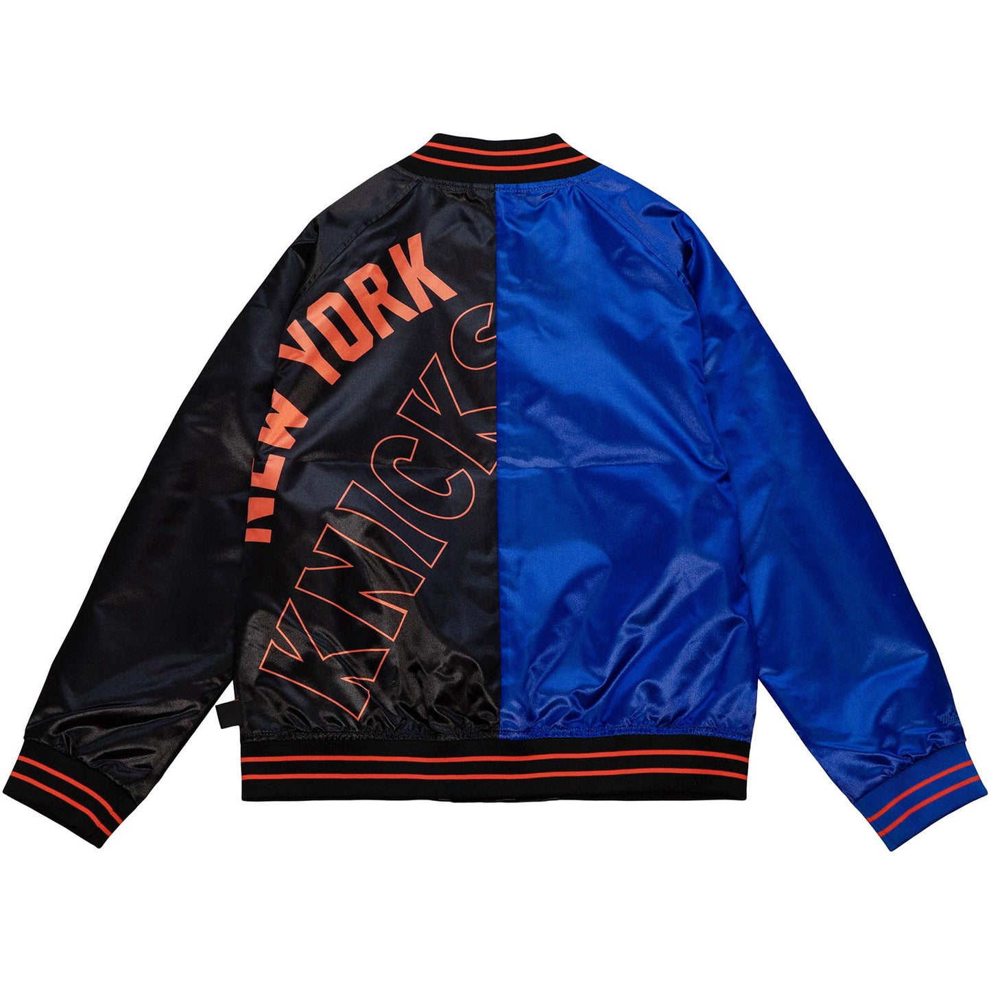 Women's Mitchell & Ness Knicks Big Face Satin Jacket 5.0 In Black, Blue & Orange - Back View