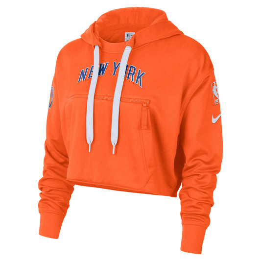 Womens New York Knicks Nike City Edition 22-23 Crop Hoodie In Orange & Blue - Front View