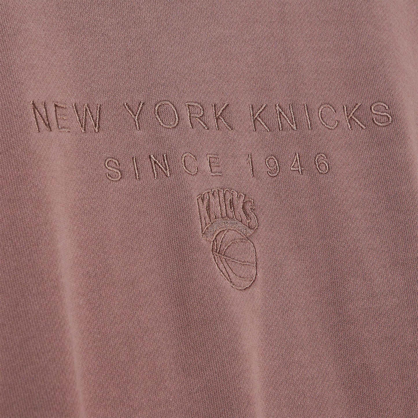 Women's Mitchell & Ness Knicks Terra Lightweight Crew Fleece - In Brown - Close Up Front View