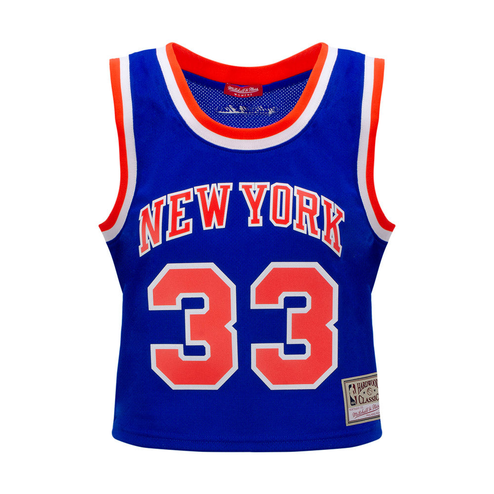 Women's Mitchell & Ness Knicks 1991 Ewing Crop Tank In Blue, Orange & White - Front View