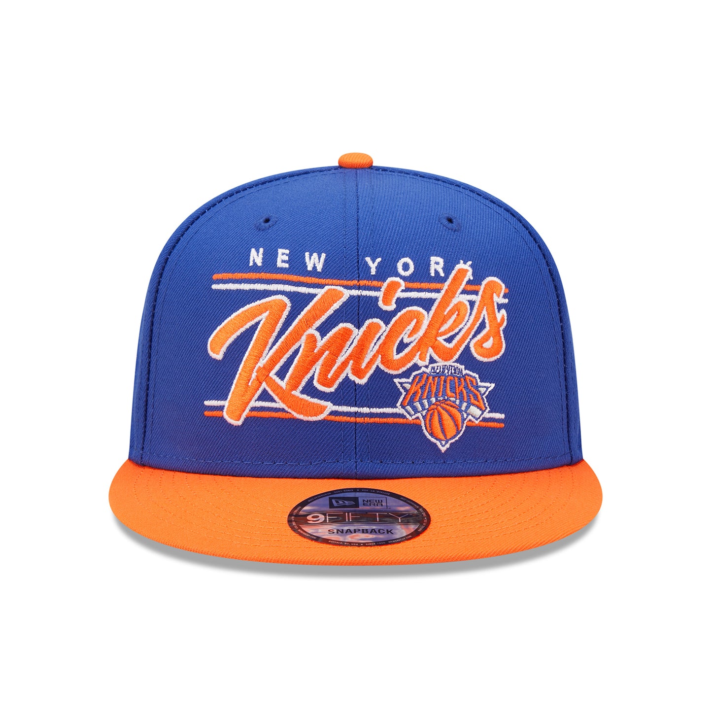 New Era Knicks Script Snapback In Blue & Orange - Front View