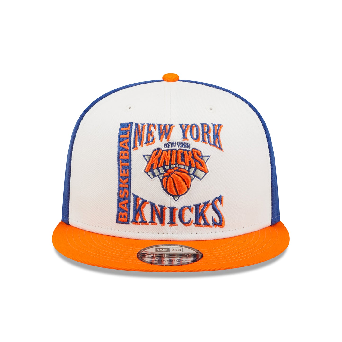 New Era Knicks Retro Sport Snapback In White, Blue & Orange - Front View