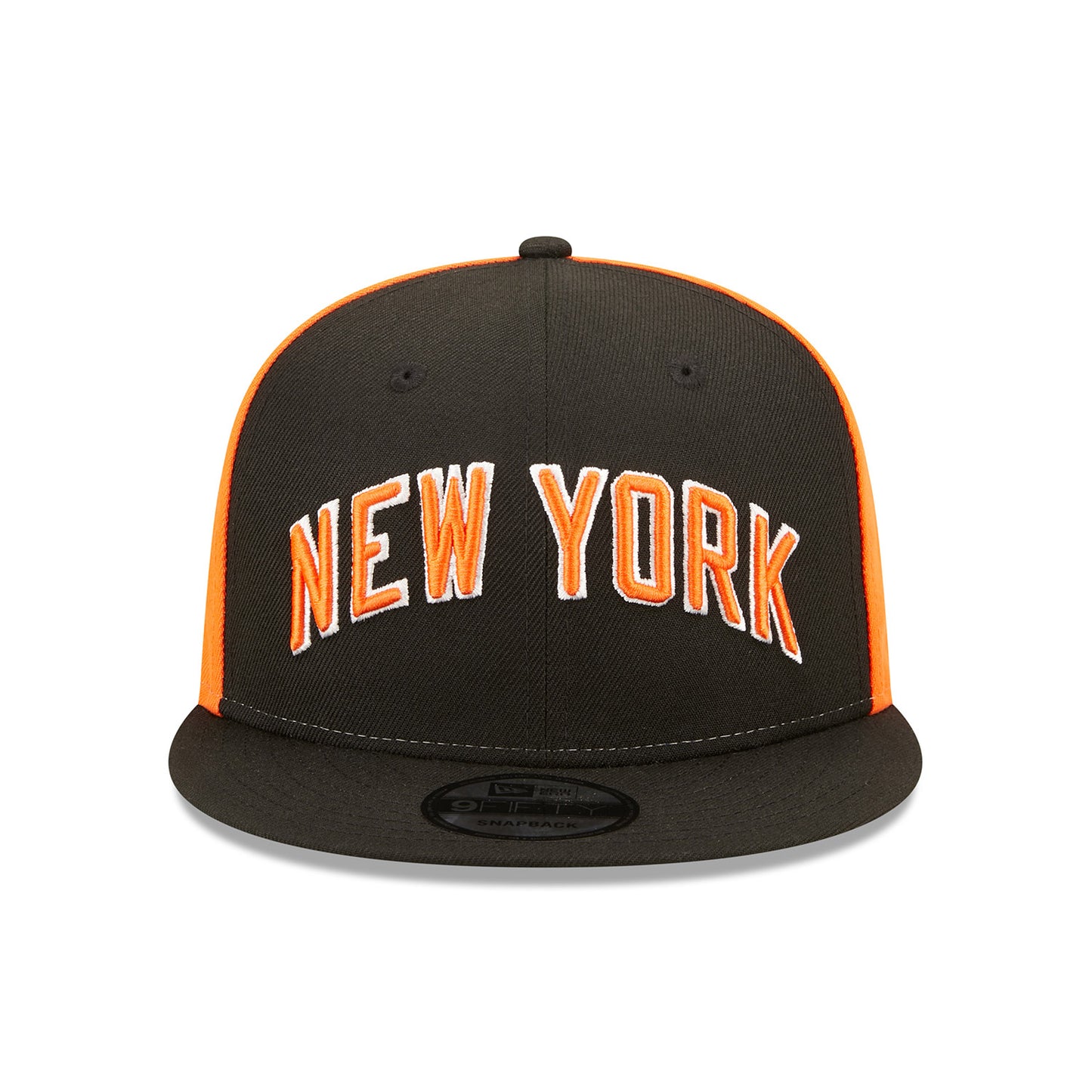 New Era Knicks City Edition 22-23 Official Snapback Hat In Black & Orange - Front View