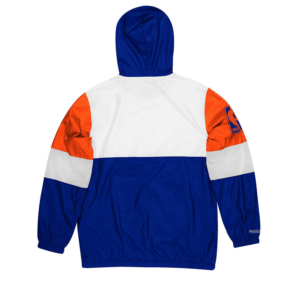 Men's Knicks Surprise Win Windbreaker Jacket in Blue, White, and Orange - Back View