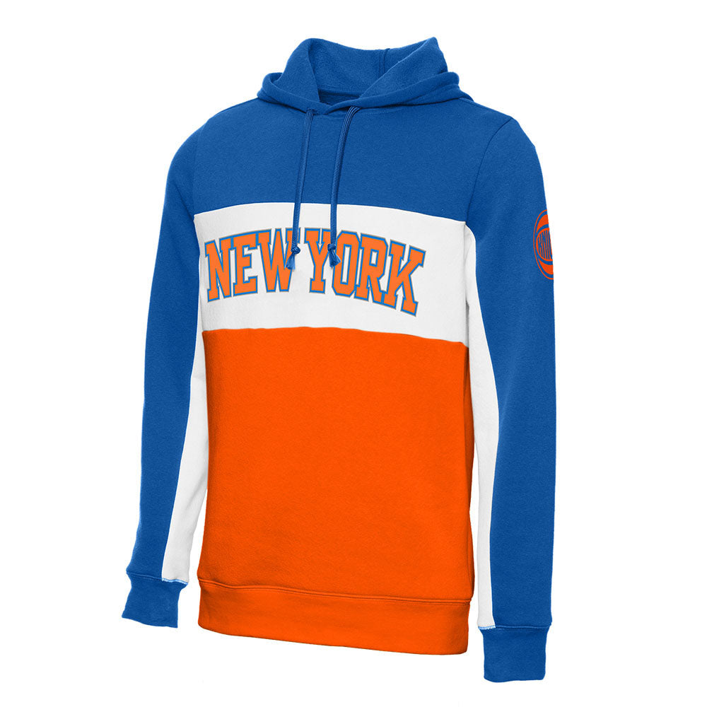 Junk Food Knicks Wordmark Colorblock Hoodie in Blue, White and Orange - Front View