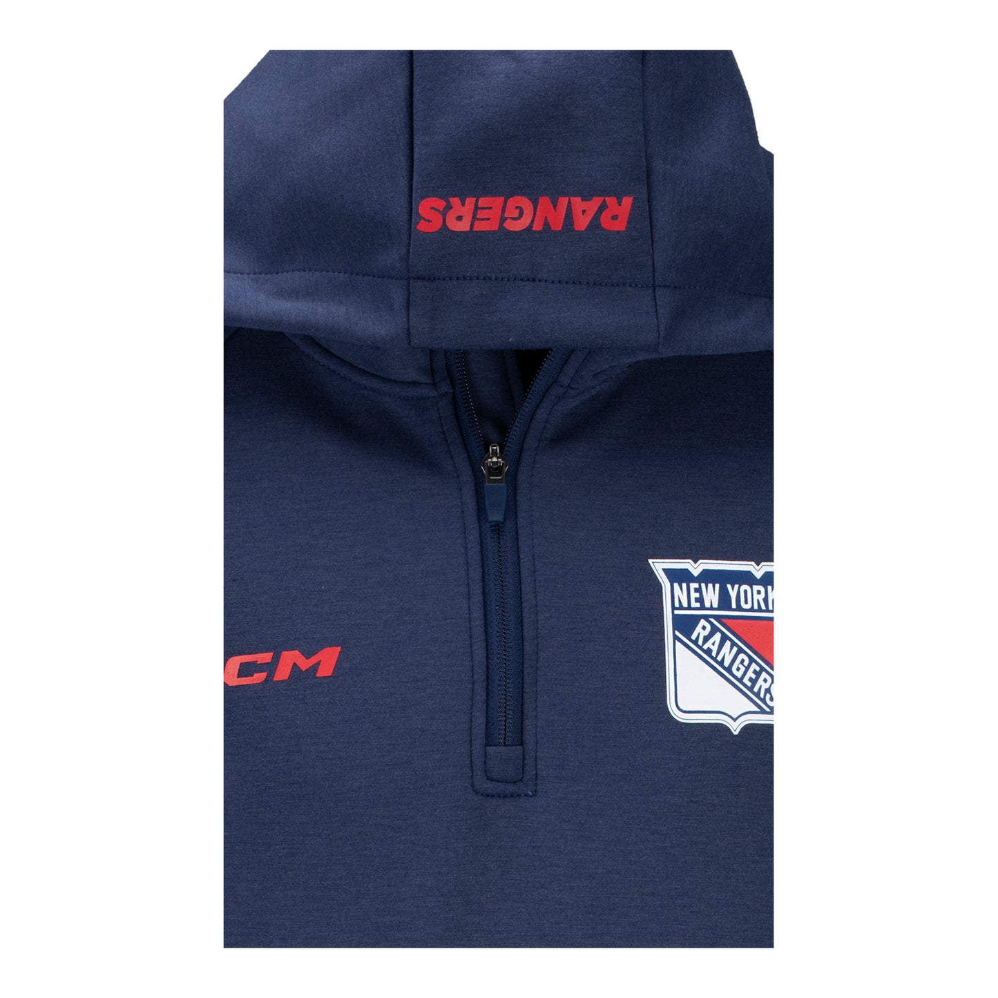 CCM Rangers Quarter Zip Pullover Fleece Hood In Blue - Zoom View On Hood & Zipper