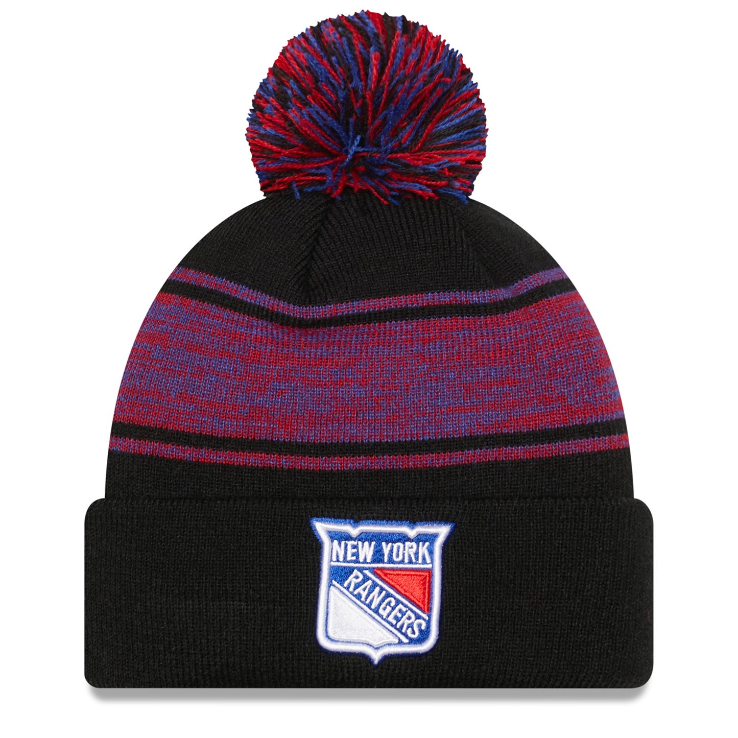 New Era Rangers Chilled Pom Knit Beanie In Black, Red & Blue - Front View