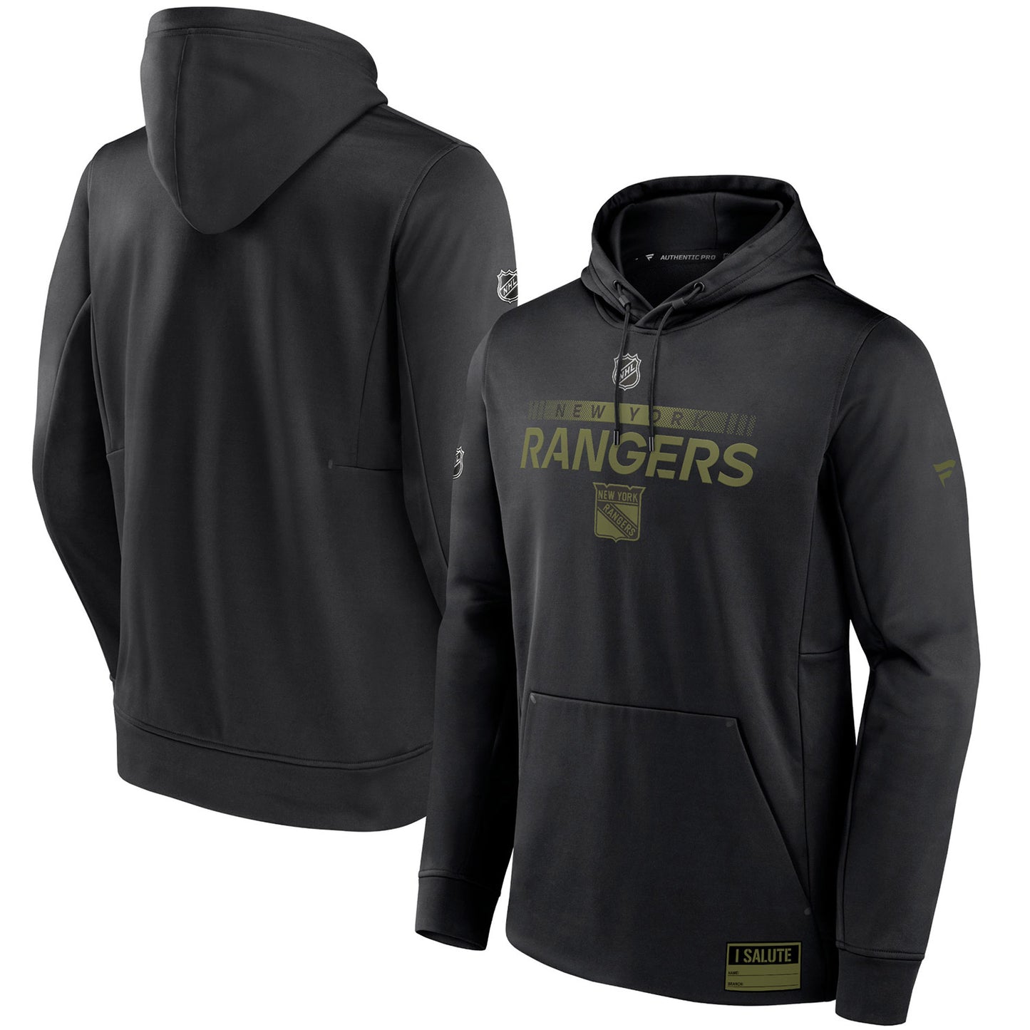 Fanatics Rangers Authentic Pro Military Appreciation Hood In Black & Green - Front & Back View