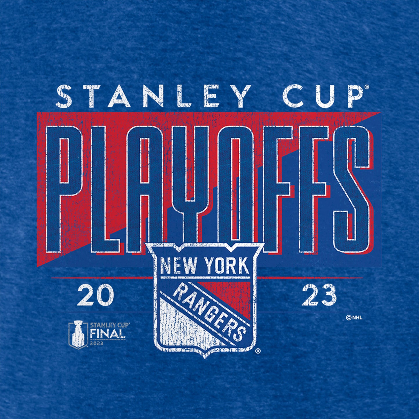 Fanatics Rangers 22-23 Playoff Participant Crease Triblend T-Shirt - In Blue - Up Close Front View