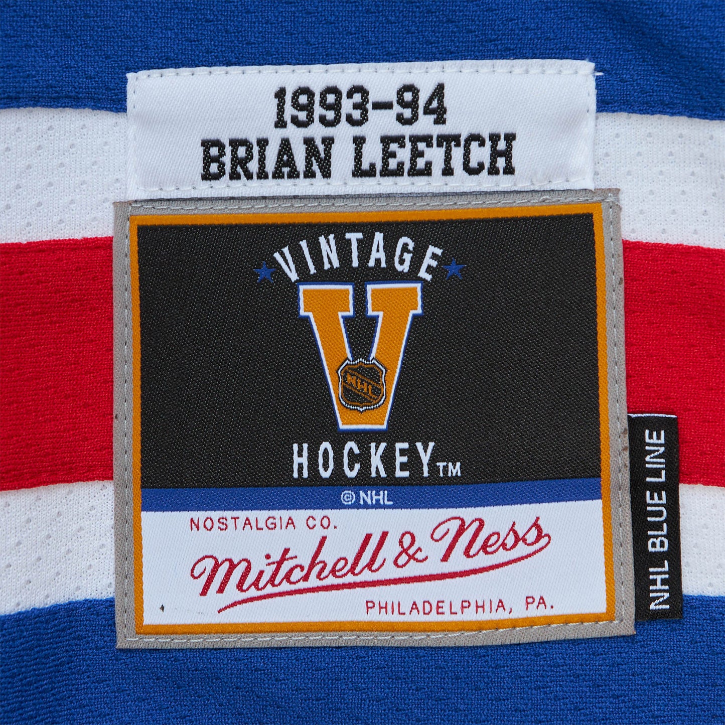 Mitchell & Ness Rangers Brian Leetch 1993 Road Jersey In White - Zoom View On Left Hip Graphic