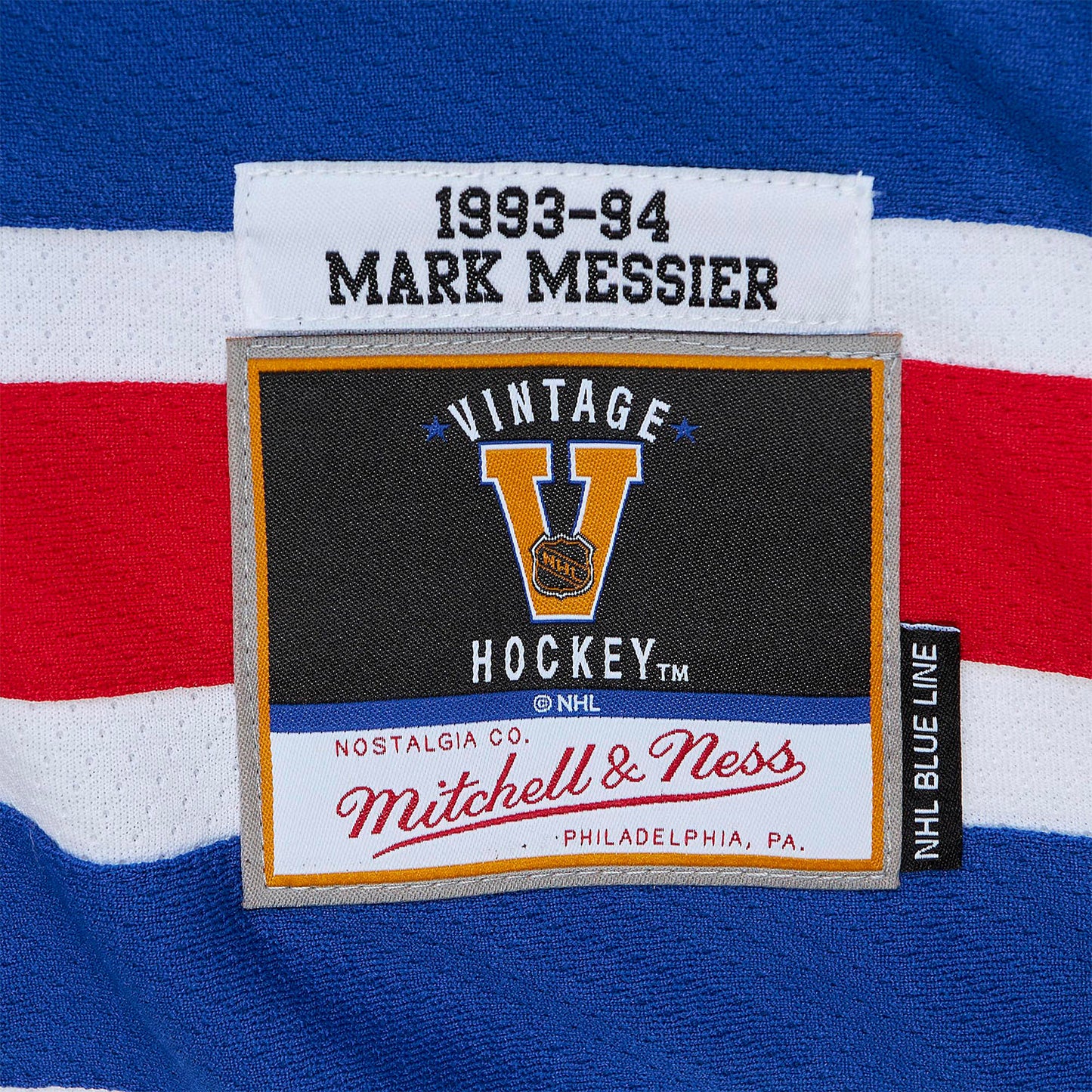 Mitchell & Ness Rangers Mark Messier 1993 Road Jersey In White - Zoom View On Left Hip Graphic