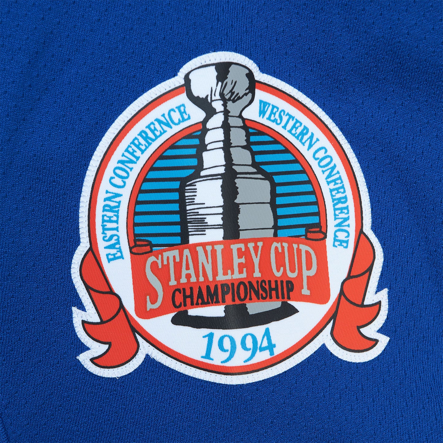 Mitchell & Ness Rangers Adam Graves 1993 Home Jersey In Blue - Zoom View On Left Shoulder Stanley Cup Graphic