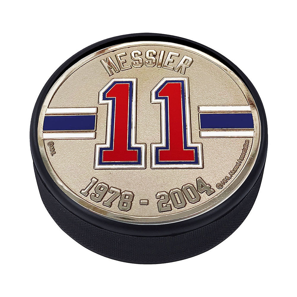 New York Rangers Mark Messier Medallion Puck in Black - Top View