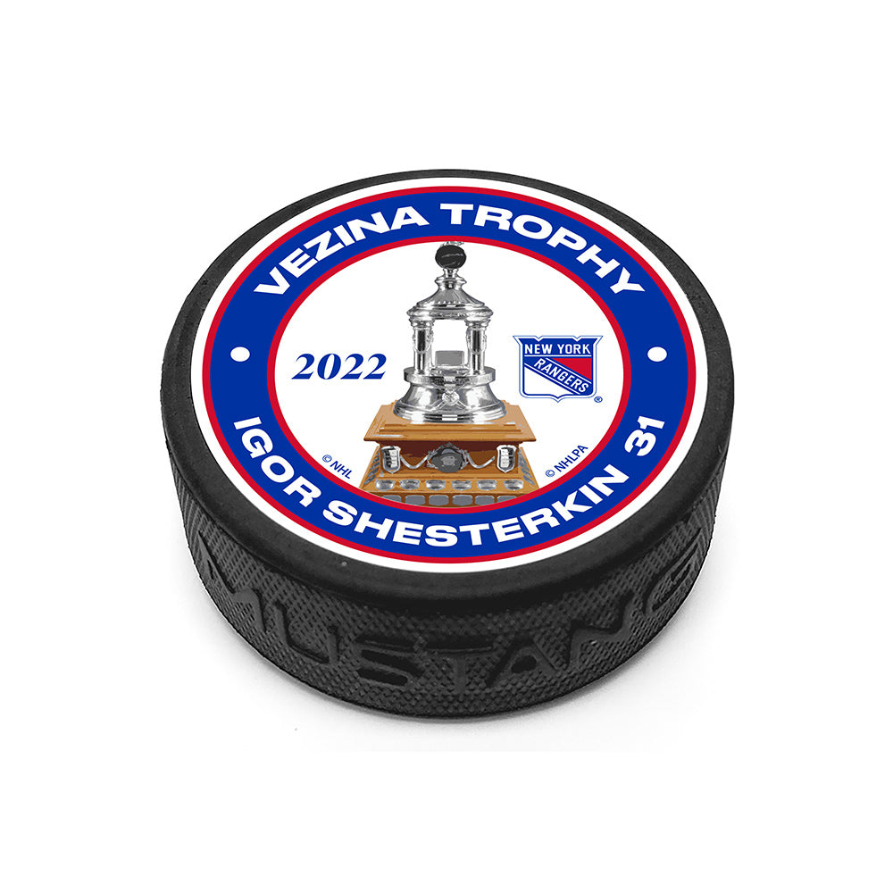 Mustang Igor Shesterkin Vezina Trophy Puck in Black - Top View