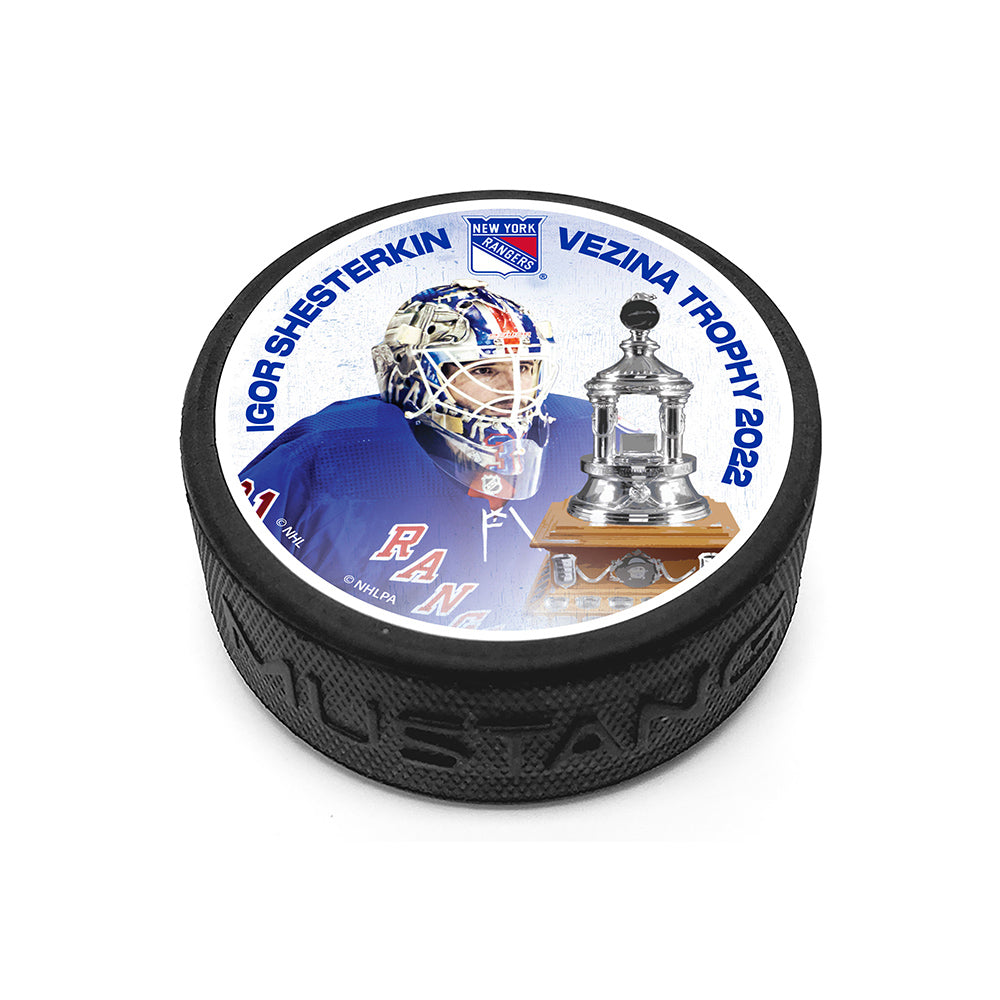 Mustang Igor Shesterkin Vezina Trophy Photo Puck in Black - Top View