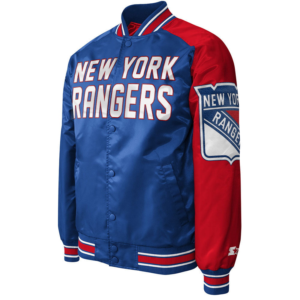 GIII Starter Rangers Color Block Satin Jacket in Blue and Red - Front Left View