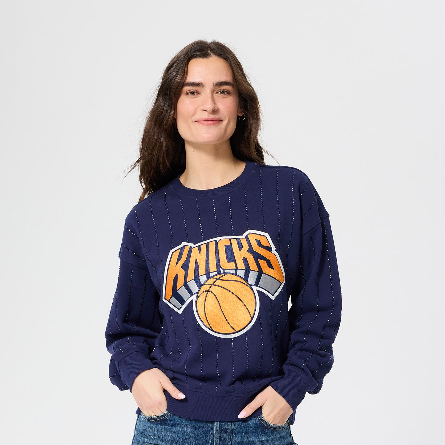 Terez Knicks Logo Gems Pinstripe Crewneck