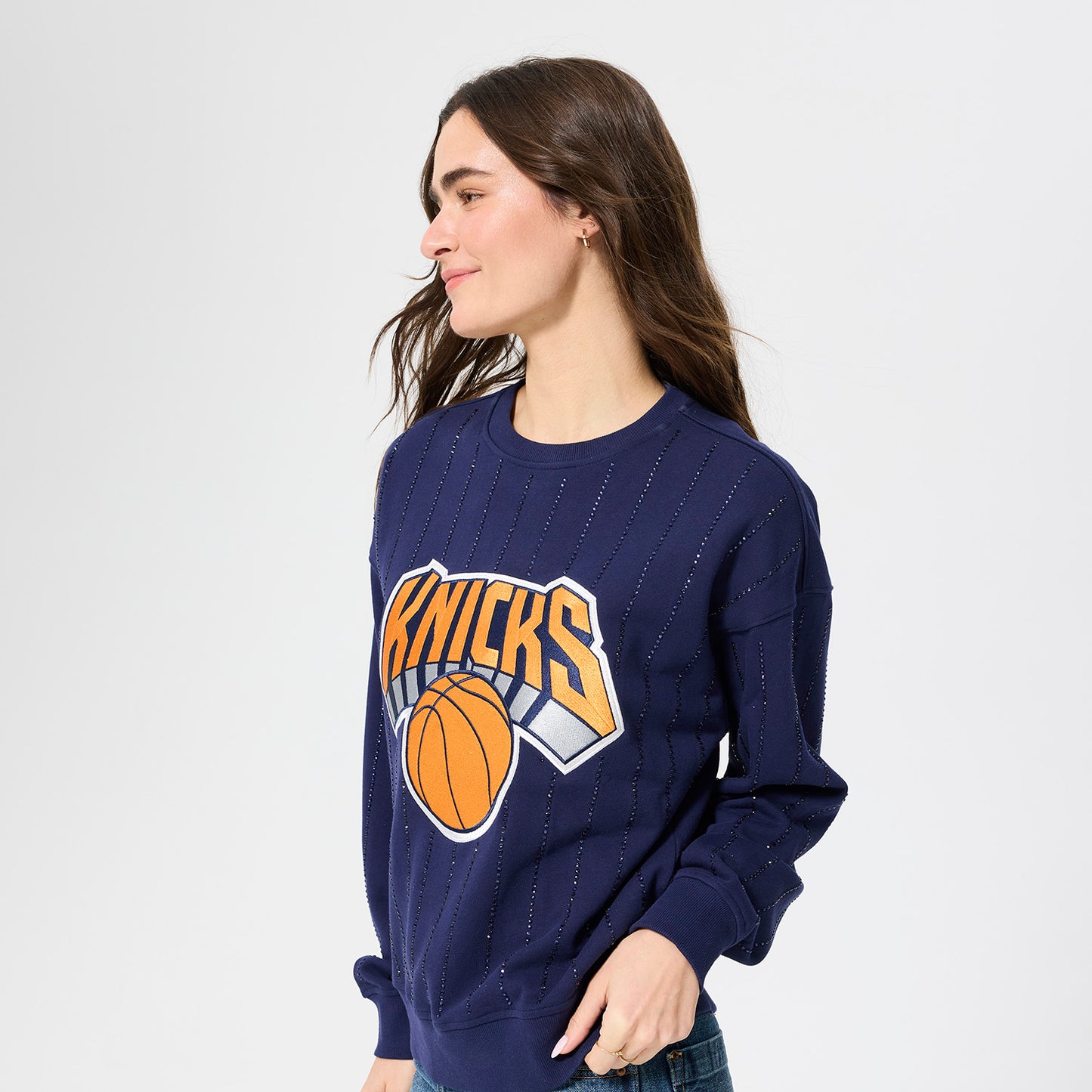 Terez Knicks Logo Gems Pinstripe Crewneck