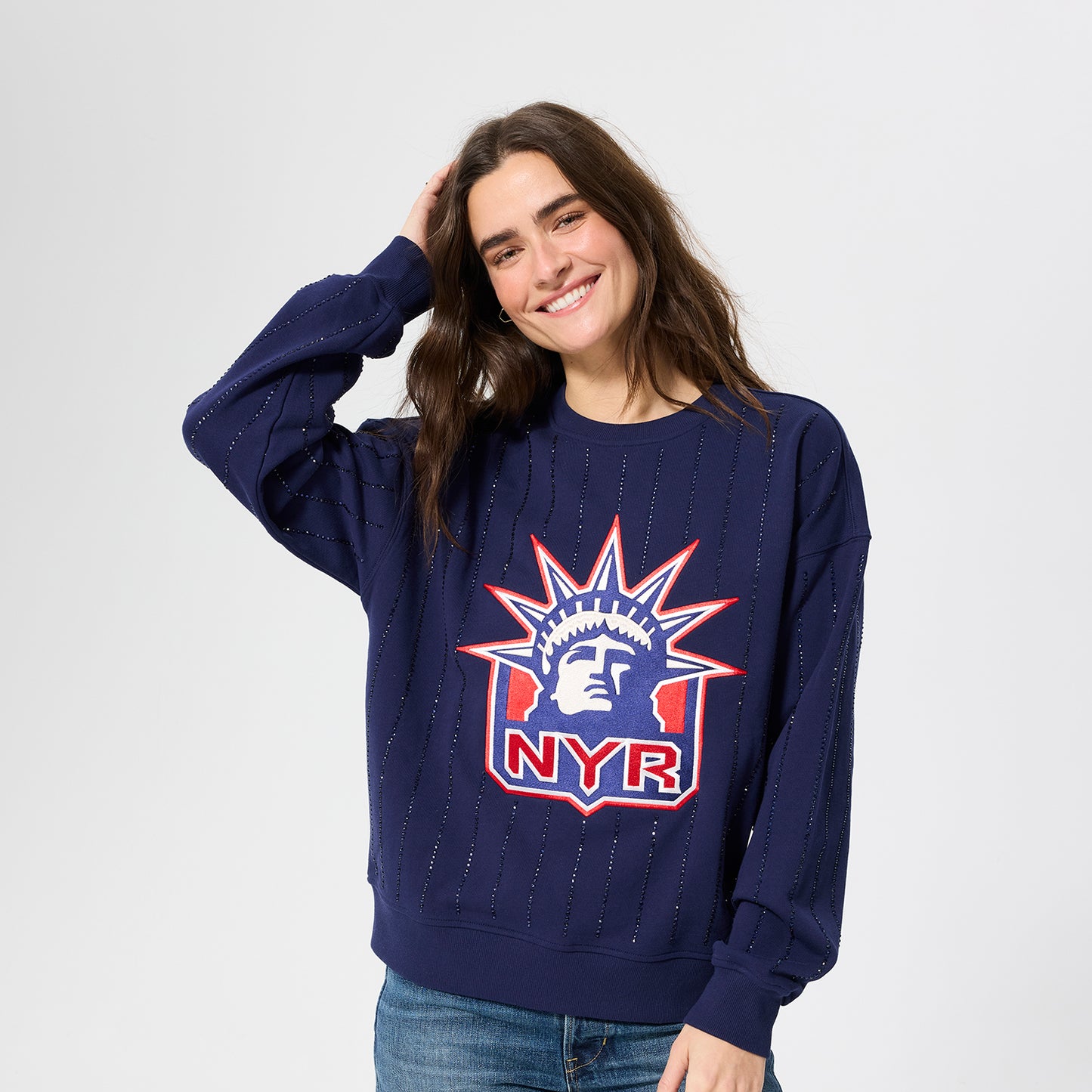 Terez Rangers Gem Pinstripe Navy Crewneck