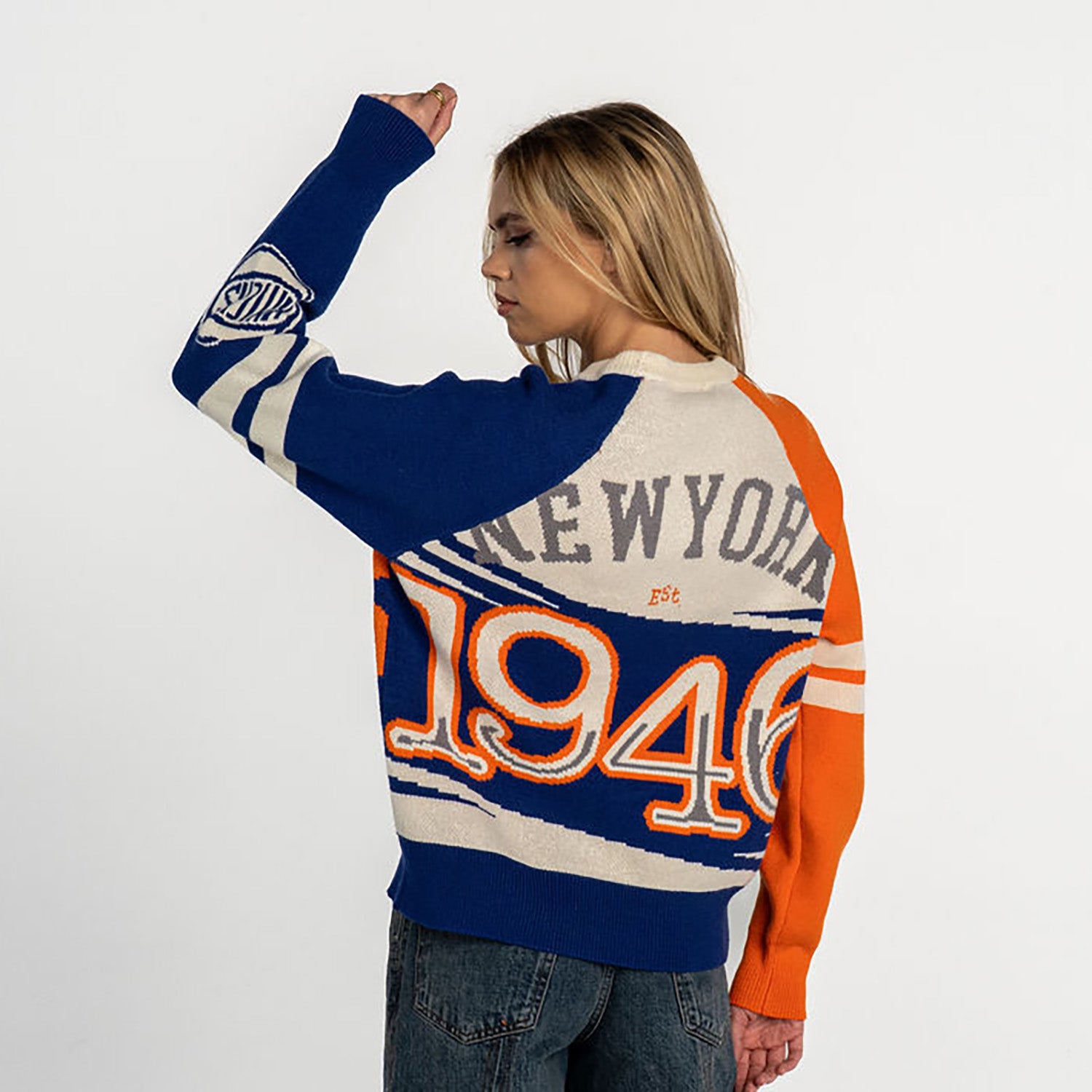Wild Collective Knicks Cropped Boxy Raglan Jacquard Sweater – Shop