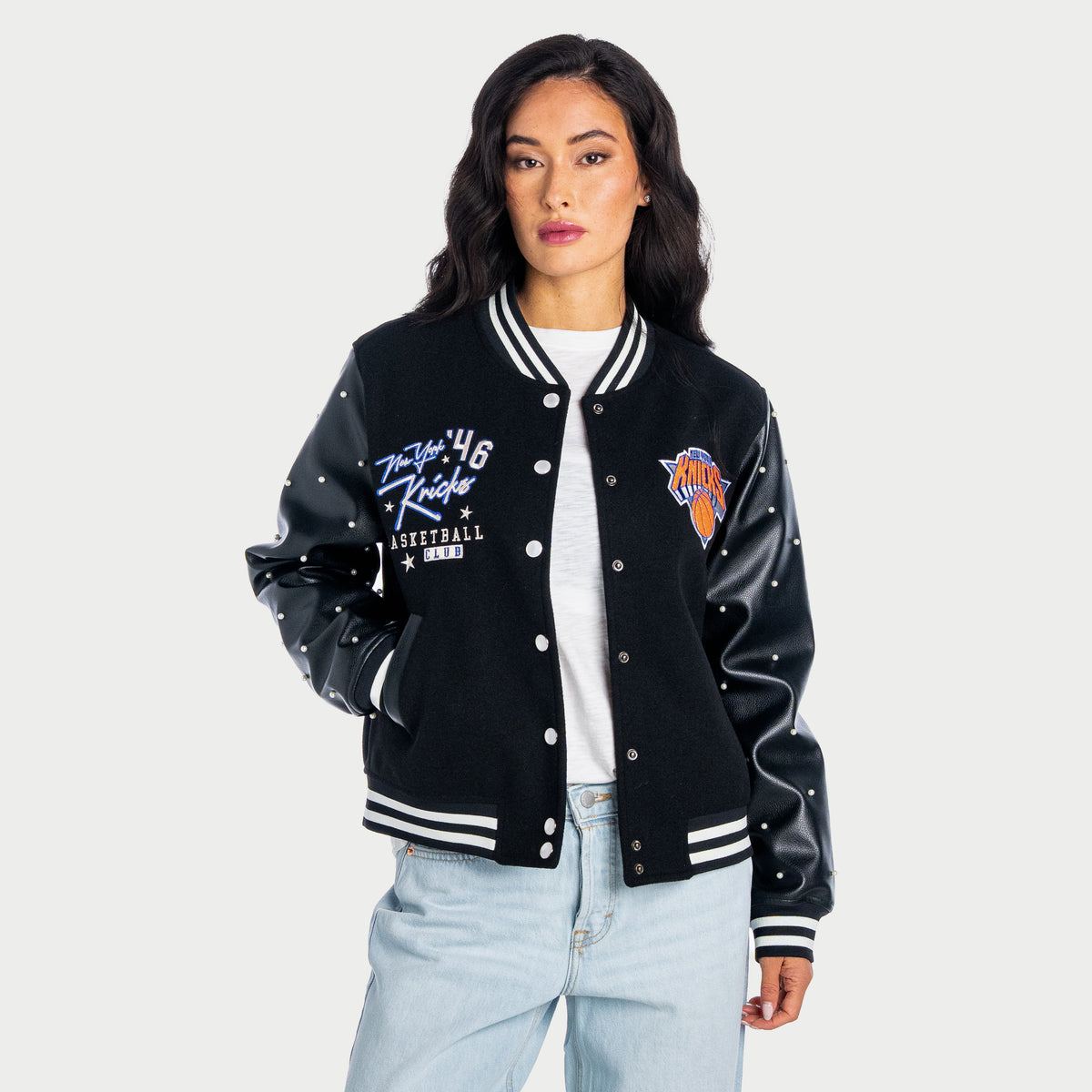 Women's Wild Collective Knicks Pearl Studded Varsity Jacket