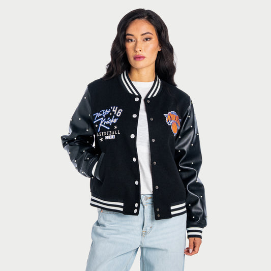 Women's Wild Collective Knicks Pearl Studded Varsity Jacket