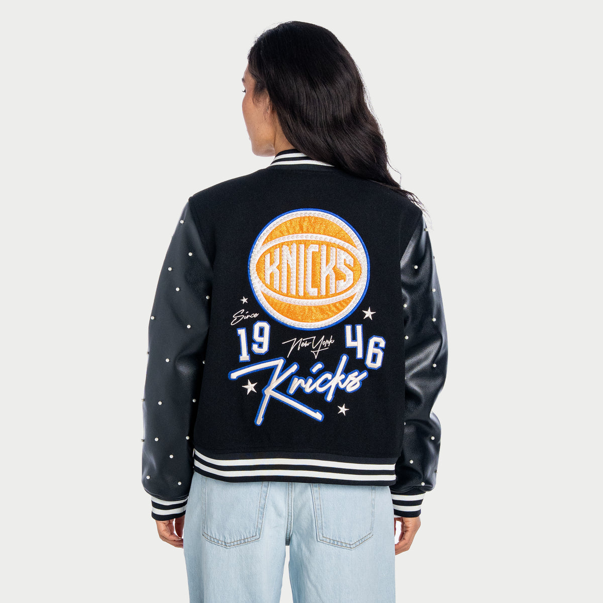 Women's Wild Collective Knicks Pearl Studded Varsity Jacket