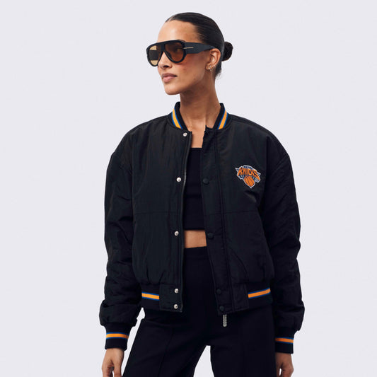 Women's Terez Knicks Black Cropped Bomber Jacket