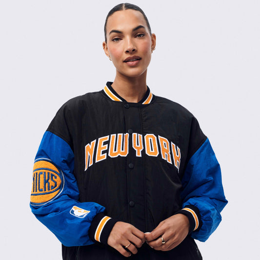 Women's Terez Knicks Black/Royal Colorblock Multi Logo Bomber Jacket