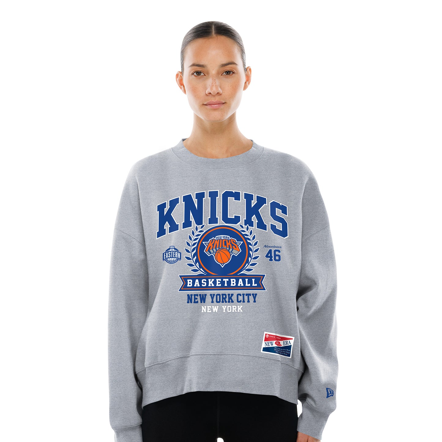 Women's New Era Knicks Throwback Collection Boxy Grey French Terry Crew