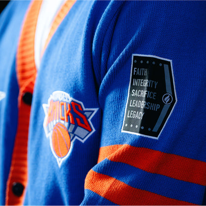 FISLL Knicks Black History Collection Cardigan Sweater - Modeled Up Close View