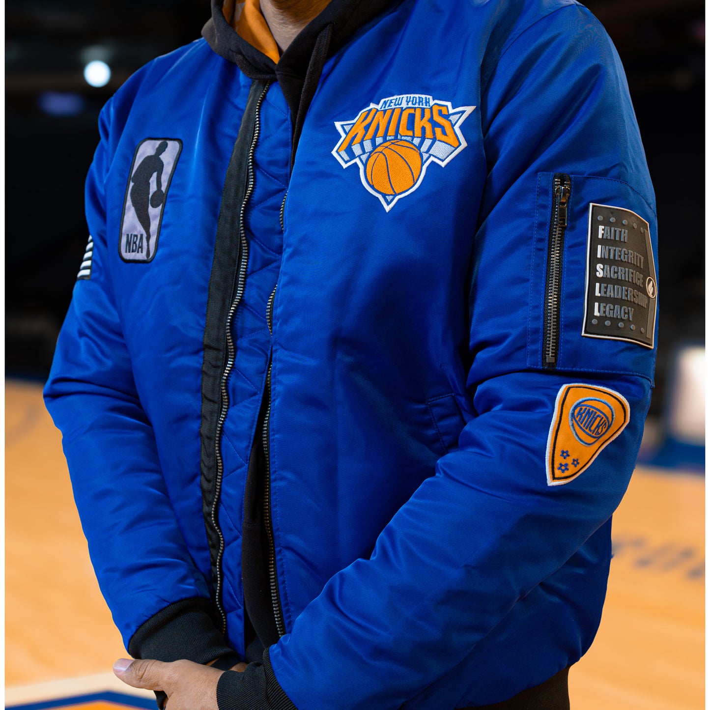 FISLL Knicks Black History Collection Flight Jacket - Modeled Up Close View