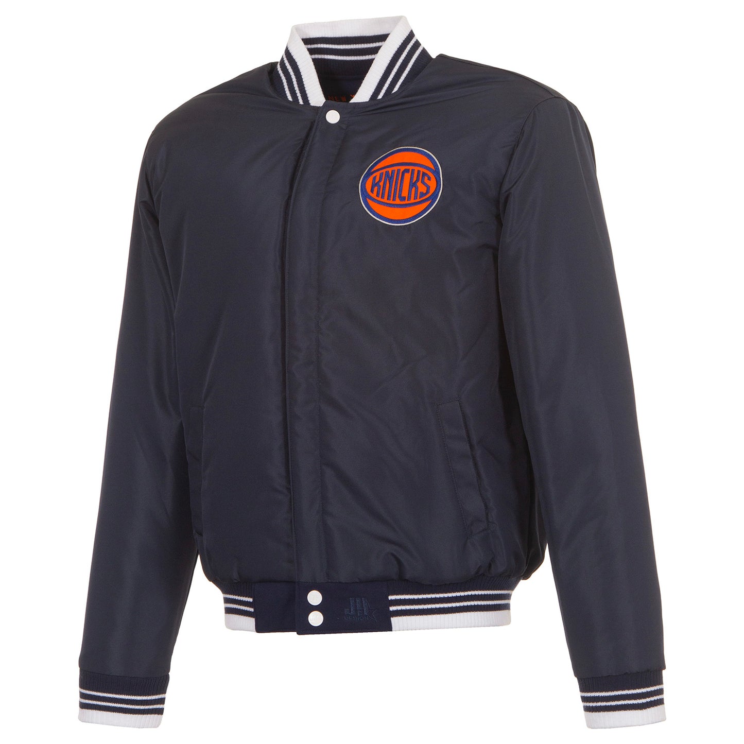 JH Design Knicks Two-Tone Navy/White Patched Varsity Jacket