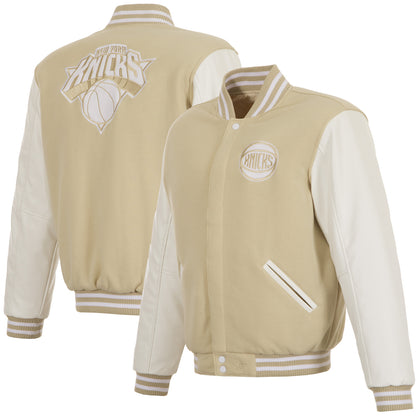 JH Design Knicks Reversible Tan/White Varsity Jacket