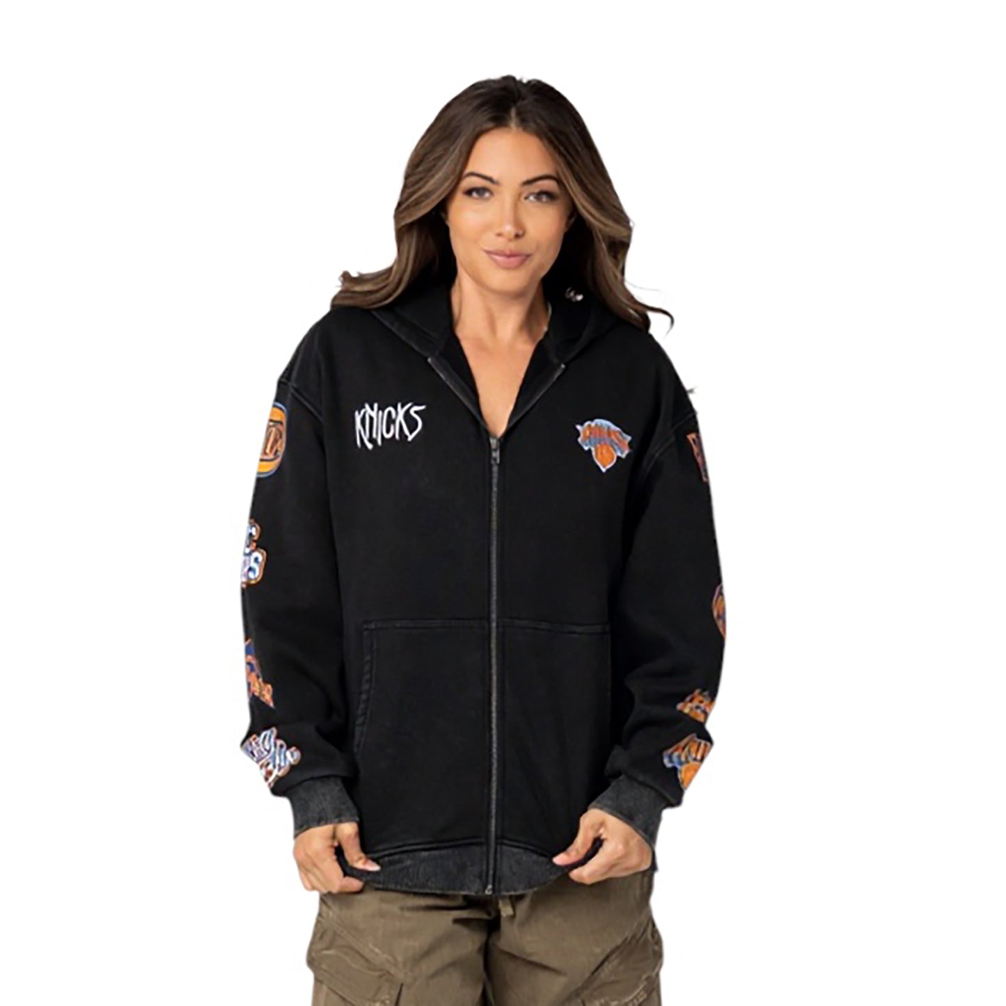 Wild Collective Knicks Acid Wash Oversized Full Zip Hoodie