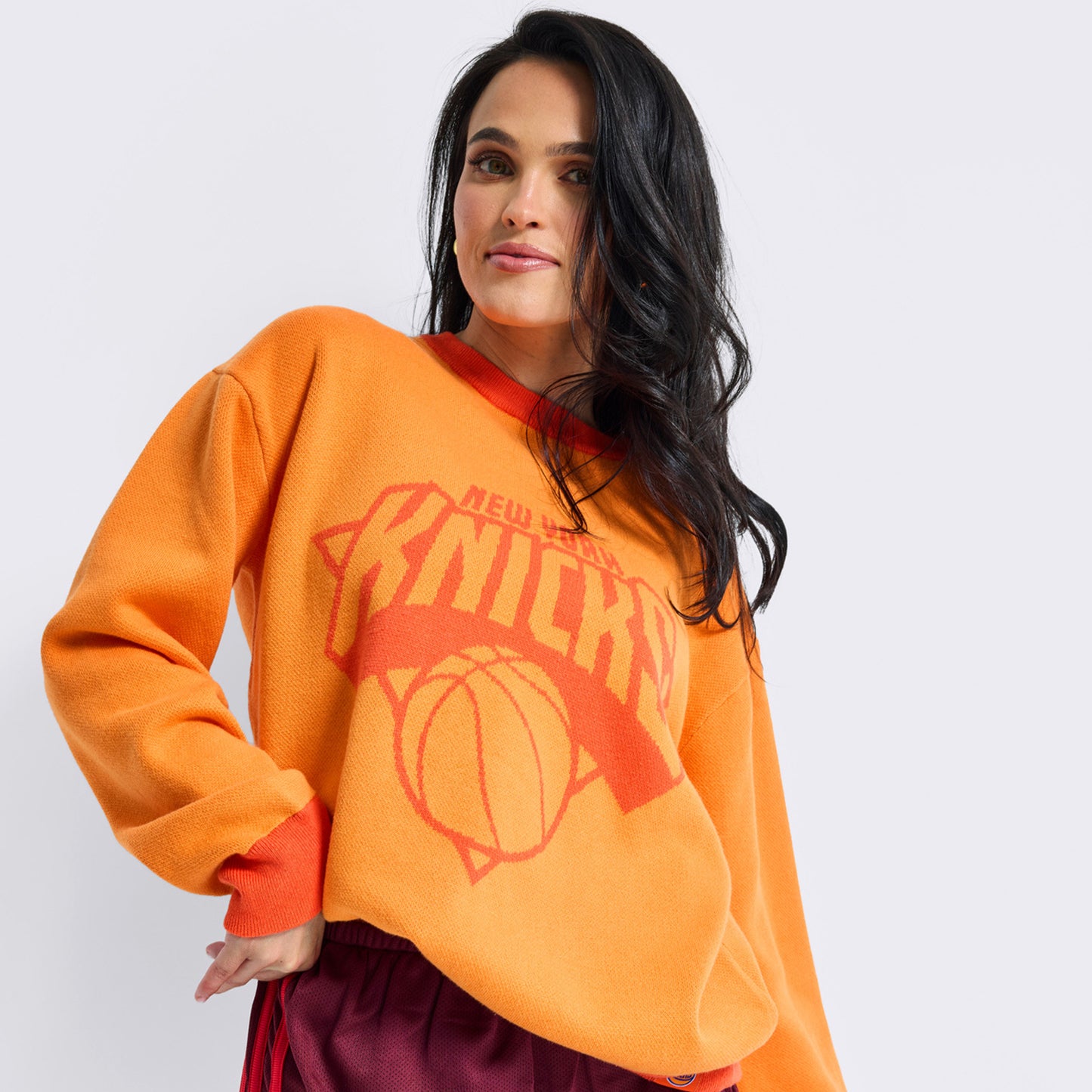 Terez Knicks Orange Knit Cotton Color Tonal Crew Sweater