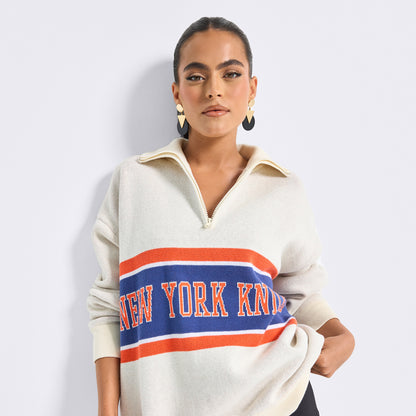 Terez Knicks Knit Cotton Quarter Zip Sweater