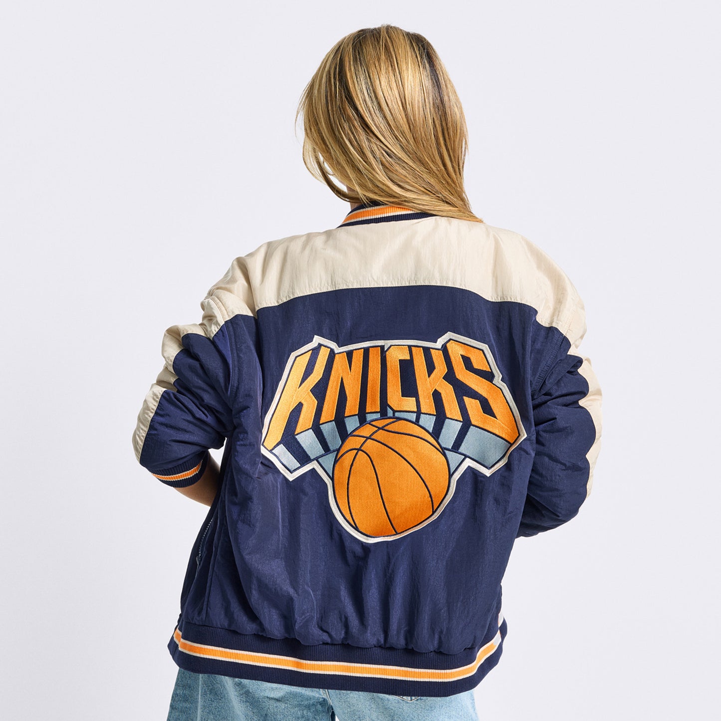 Terez Knicks Navy Double Yoke Bomber Jacket - Back View