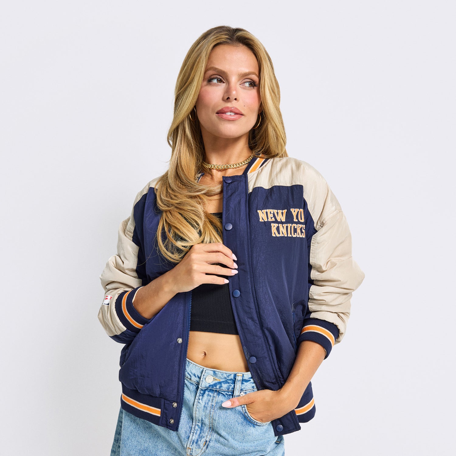 Terez Knicks Navy Double Yoke Bomber Jacket - Front View