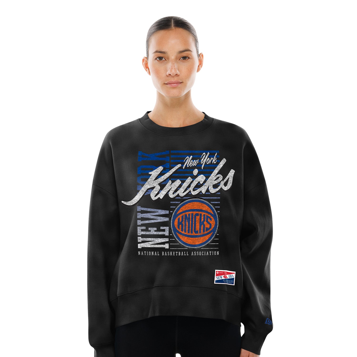 Women's New Era Knicks Throwback Washed Black Crew - Front View