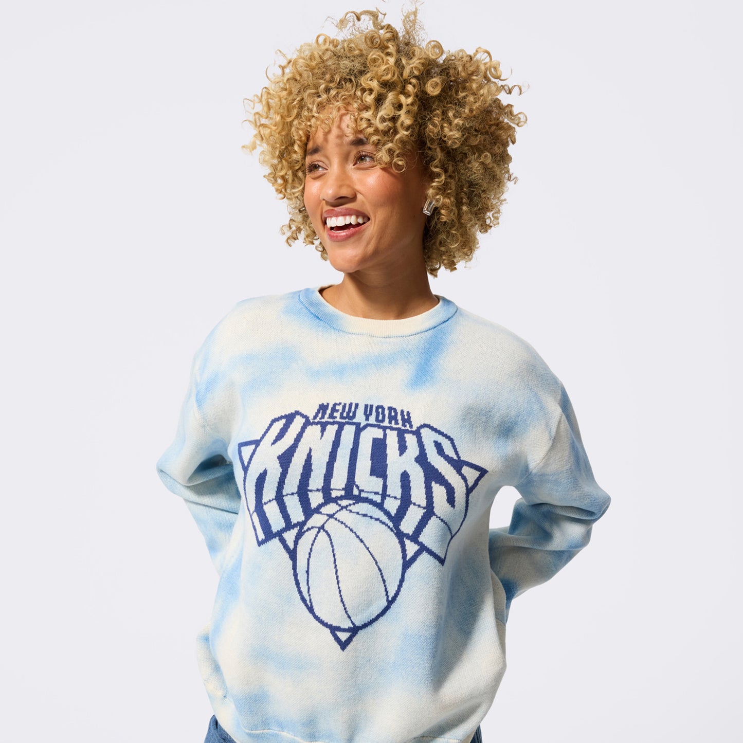 Terez Knicks Blue Tie Dye Knit cotton Tonal Crew Sweater - Front View