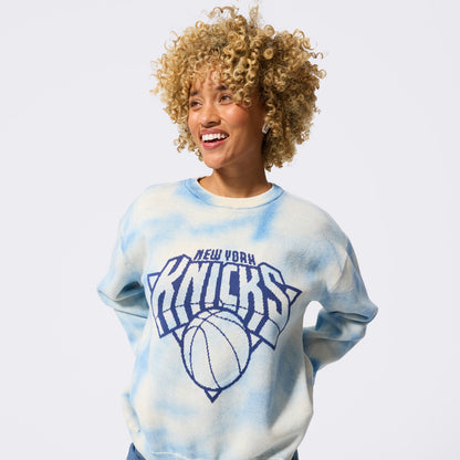 Terez Knicks Blue Tie Dye Knit cotton Tonal Crew Sweater - Front View