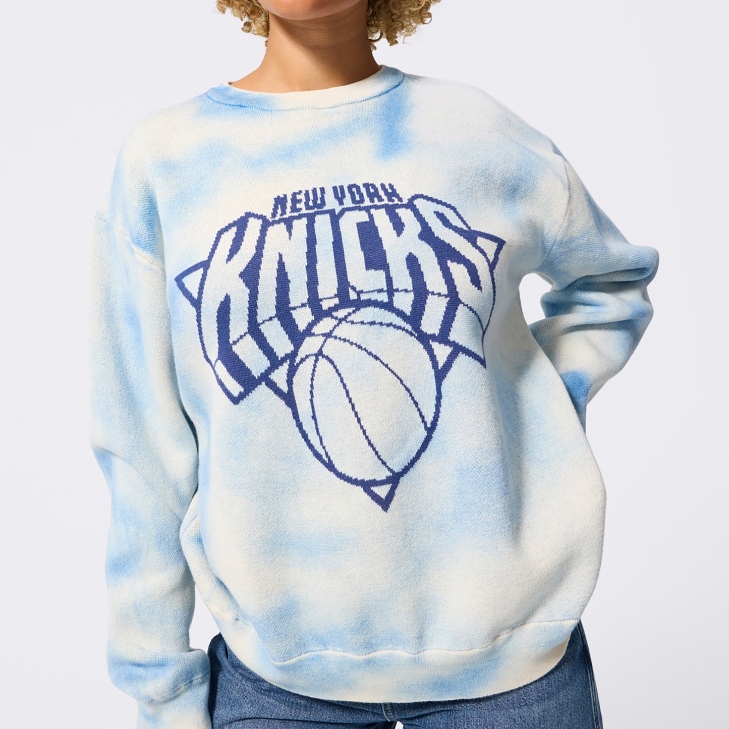 Terez Knicks Blue Tie Dye Knit cotton Tonal Crew Sweater - Front View