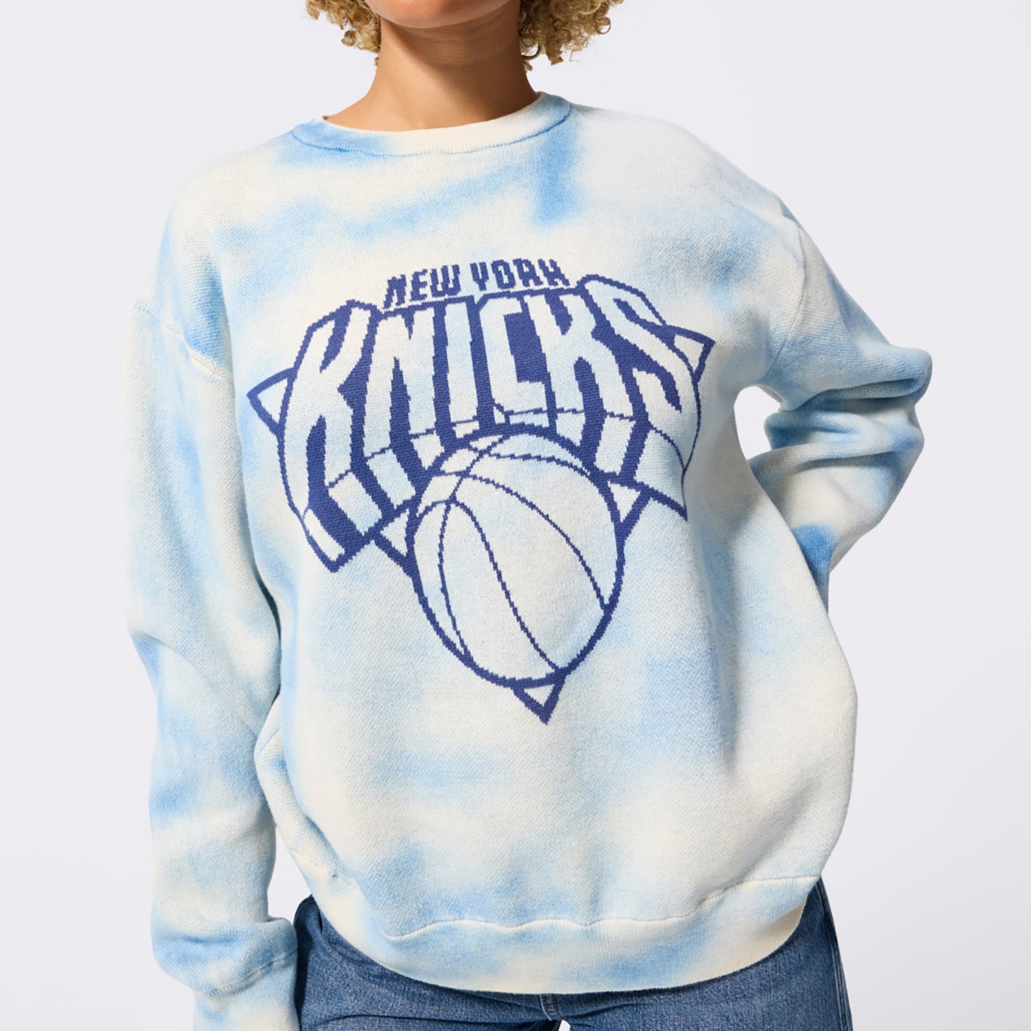 Terez Knicks Blue Tie Dye Knit cotton Tonal Crew Sweater - Front View