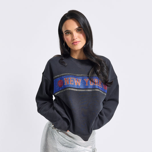 Terez Knicks Black New York Gemstone STripe Logo Crew - Front View